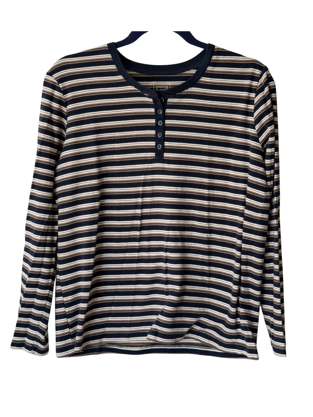 Navy Striped Henley Long Sleeve Shirt - M